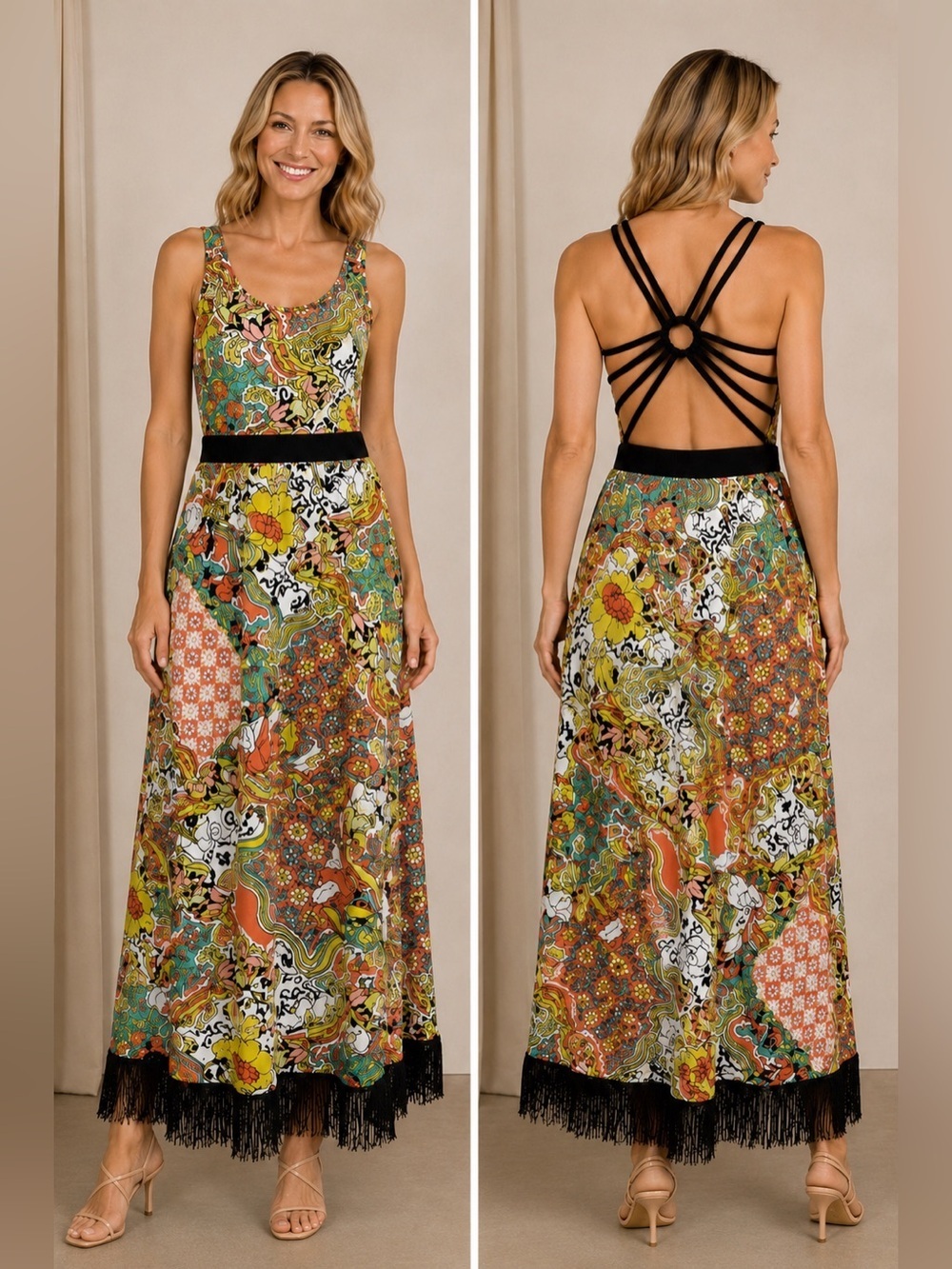 Boho Maxi Dress Festival Resort Summer Beaded Sequined Floral Fringe Paisley XL
